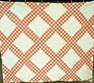 Antique Vintage Early 1900s Red & White Triple Irish Chain Patchwork Quilt