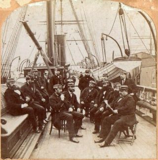 Officers On Deck Of Steamer Mosel,  Sank In 1882.  Underwood Stereoview Photo