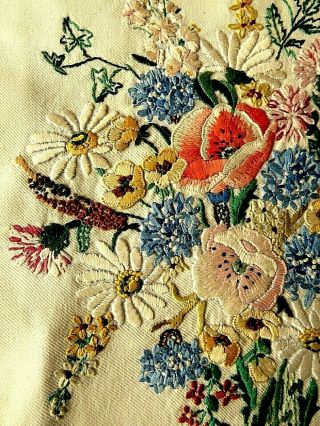 Vintage Hand Embroidered Picture Panel/ Assorted Flower Bouquet