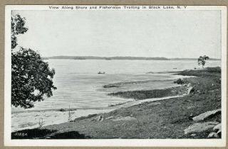 Vintage Postcard Black Lake York Ny Fisherman Trolling Along The Shore