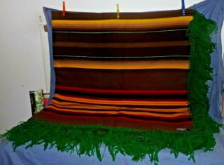 Vtg Pendleton Beaver State Striped Wool Blanket Brown W Green Fringe 72x76