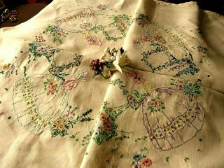 Vintage Hand Embroidered Tablecloth/beautiful Crinoline Ladies Embroidery