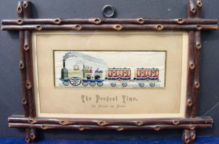 Framed 1880 Stevengraph T.  Stevens Silk Woven Picture " The Present Time " Train