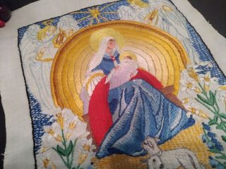 ANTIQUE HAND EMBROIDERED PICTURE PANEL CHRISTMAS NATIVITY MARY & BABY JESUS 2
