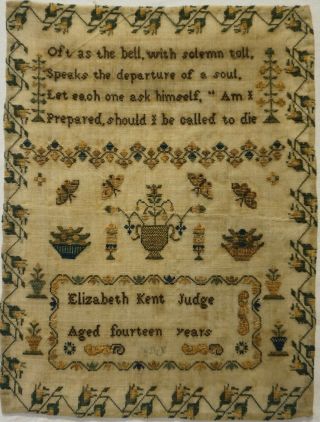 Early/mid 19th Century Verse & Motif Sampler By Elizabeth Kent Judge - C.  1845