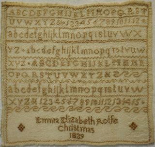 Small Early 19th Century Sampler By Emily Elizabeth Rolfe - Christmas 1839