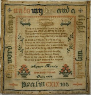 Small Mid 19th Century Verse,  Motif& Quotation Sampler By Agnes Hardy - 1856