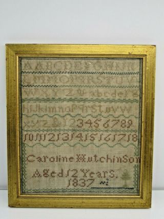 1837 Needlepoint Sampler Framed Alphabet & Numbers W/dog Scene Nr