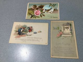 3 Vintage Early Easter Postcard Bunnies - Eggs - Flowers Greetings C.  1910 