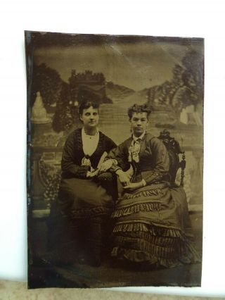Antique Tintype Photograph Pretty Victorian Ladies Arm In Arm Long Earrings