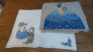 Vintage Crinoline Lady Mat And Tea Cosy Cover 1930 Linen Embroidery English