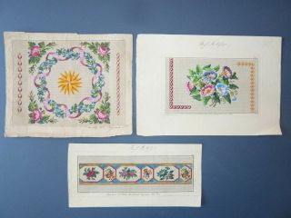 3 Hand Coloured Berlin Woolwork Patterns L W Wittich Mid 19th Star More