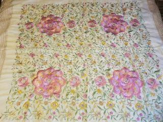 Large Embroidered Silk Piano Shawl Pink Florals Cream Fringe 62 " X 62 "