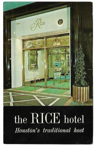 Vtg Post Card - The Rice Hotel - Houston,  Tx