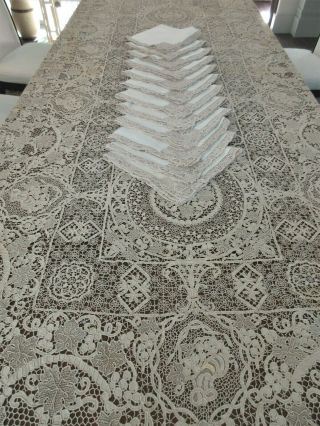 Antique Italian Point De Venise Lace Banquet Tablecloth,  12 Napkins.  78 " X 138 "