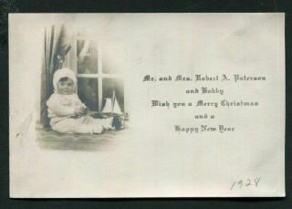 1928 Antique Photo Christmas Card Sweet Baby W Toy Boat Id 