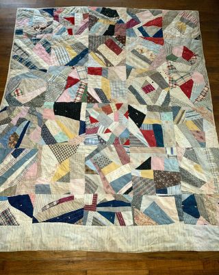 Vtg Antique Victorian Crazy Quilt Geometric 82 " X69 " Handmade Country Shabby