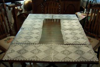 6 Vintage Armynavy White Linen And Filet Lace Placemats,  17 3/4 " X 17 3/4 "