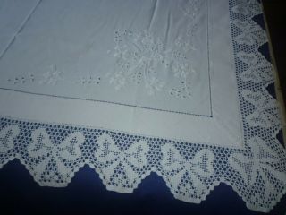 Lg Antique Linen Tablecloth Raise White Work And Crochet Lace