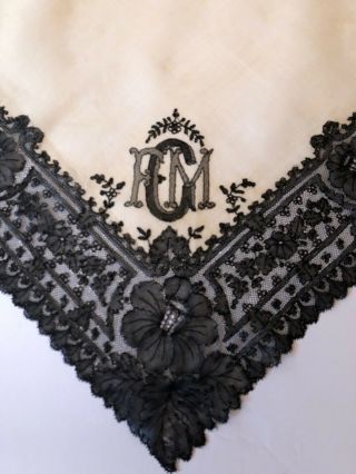 Antique Lace - Circa 1860’s,  Rare Black Chantilly Lace Mourning Handkerchief