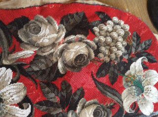 2nd Large Victorian Beadwork Needlepoint Chair Cover Lillys Grapes Roses 3