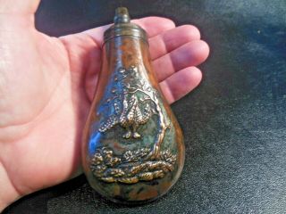 Antique Brass & Copper Powder Flask W/ Embossed Pheasants