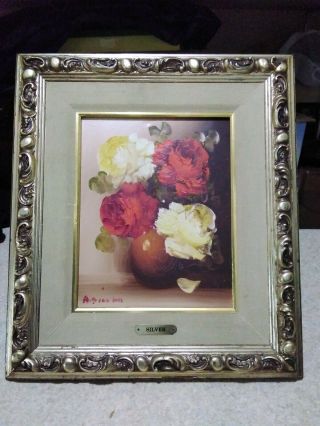 Vintage Signed A.  Silver Oil On Canvas Floral Rose Painting Art Anco Bilt Frame