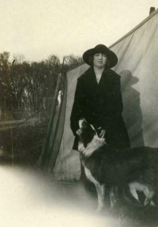 X432 Vtg Photo Woman In Hat With Her Dog,  Tent C Early 1900 