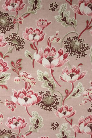 Cretonne Fabric Antique French Art Nouveau Pink Printed Cotton Floral Material