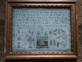 Early Framed Antique French Sampler Marie Devon 1822 Green,  Blue,  Brown,  Yellow