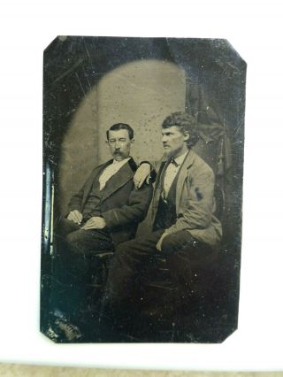 Antique Tintype Photo Two Young Men Affection W Arm On Shoulder Of One Buddies