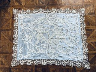 French Antique Blue Silk & Lace Pillow Cover - “ Cherubs”