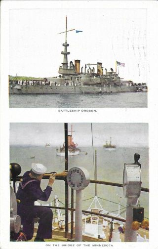 Vintage Naval Postcard,  Battleship Oregon / On The Bridge Of The Minnesota
