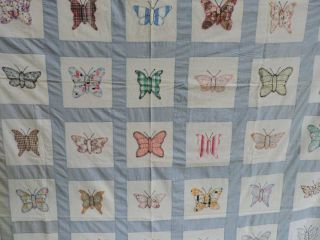 Stunning Vintage Appliqued Butterfly Quilt Top 78 X 100 Huge Feedsack Fabric