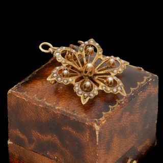 Antique Vintage Nouveau 14k Rose Gold Seed Pearl Floral Flower Necklace Pendant