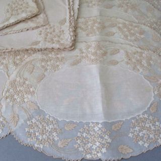 16pc Vintage Madeira Organdy Linen Hand Embroidered Placemats Napkins Hydrangeas