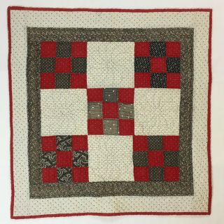 Handmade Antique Doll Quilt Table Red,  Black,  Cream 9 Patch 22 " X23 " Gc