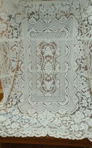 Vintage Filet Lace Tablecloth White Linen Italian Shabby Chic Christmas Dining