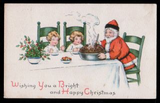 Vintage 1915 Santa Claus Christmas Postcard Eating Plum Pudding With Children