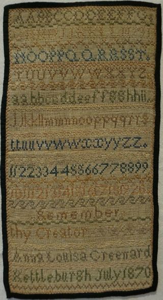 Small Mid/late 19th Century Alphabet Sampler By Anna Louisa Greenard - 1870