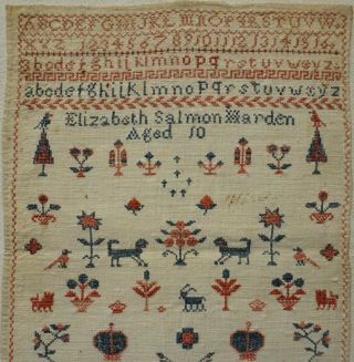 SMALL EARLY/MID 19TH CENTURY SAMPLER BY ELIZABETH SALMON HARDEN AGED 10 - c.  1840 2