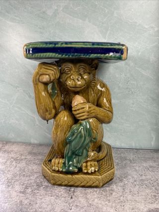 Vintage Majolica Ceramic Monkey Plant Stand Hollywood Regency Holding Fruit