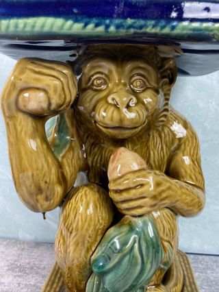 Vintage Majolica Ceramic Monkey Plant Stand Hollywood Regency Holding Fruit 2