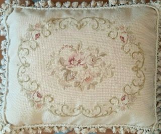 Needlepoint Pillow Vintage Aubusson French Country Floral Wool Petit Point
