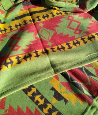 Vintage Camp Blanket Indian Western Southwest Green Yellow Red Reversible (c)
