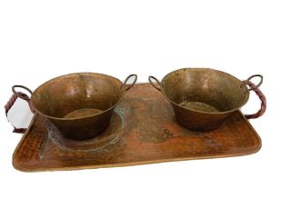 Vintage Handmade Hammered 2 Small Copper Pots Bowls With Handles With Tray Antiq