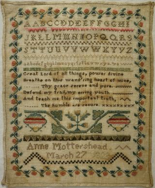 Early 19th Century Verse,  Motif & Alphabet Sampler By Anne Mottershead - 1828
