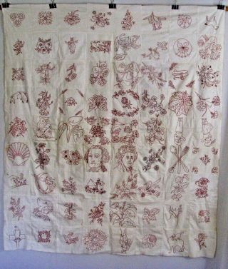 Antique Patriotic Whimsical Quilt Top Pictorial 72 Turkey Red Embroidery Squares