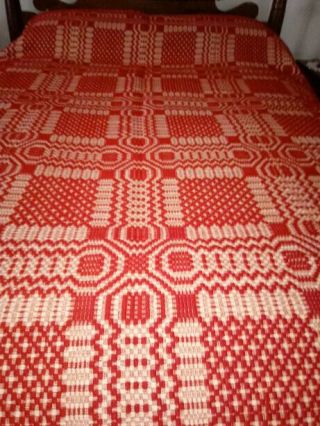Antique Turkey Red Overshot Hand Woven Coverlet