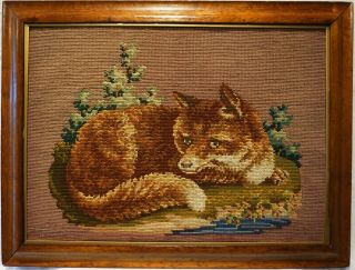 Mid/late 19th Century Needlepoint Of A Recumbent Red Fox - C.  1870